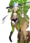  blue_eyes blue_hair breasts chestnut_mouth cleavage commentary_request fingerless_gloves gloves gun hair_ornament hairclip highres leaf lifting pgm_hecate_ii rifle scarf short_hair short_shorts shorts sinon small_breasts sniper_rifle solo sonech sword_art_online tree weapon 
