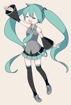  aqua_hair bad_id bad_pixiv_id bare_shoulders beige_background closed_eyes detached_sleeves hatsune_miku headphones long_hair moti music necktie simple_background singing smile solo tattoo thighhighs twintails very_long_hair vocaloid zettai_ryouiki 