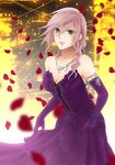  asymmetrical_hair bare_shoulders blue_eyes breasts cleavage collarbone dress elbow_gloves final_fantasy final_fantasy_xiii gloves jewelry lightning_farron looking_at_viewer medium_breasts necklace pendant petals pink_hair purple_dress purple_gloves rose_petals solo standing 