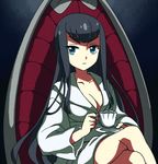  1girl aosa_(michikusakan) black_hair blue_eyes breasts cleavage eyebrows kill_la_kill kiryuuin_satsuki long_hair medium_breasts sitting tea thick_eyebrows 