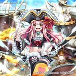  1girl :d bad_id bad_pixiv_id bag barrel book boots bow crop_top flatley_(guilty_dragon) frills full_body gem gold_bar guilty_dragon happy hat long_hair money open_mouth pink_hair pirate_hat quill ribbon sitting skull_and_crossbones smile solo takatsuki_ichi treasure_chest yellow_eyes 