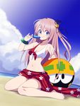  ball beach beachball bell blue_eyes cloud cloudy_sky day food front-tie_top hair_ornament hibiki_(store) highres jingle_bell kitagawa_hibiki kuruwaba metool nail_polish outdoors popsicle pose sand sarong sky smile swimsuit v 