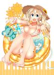  bad_id bad_pixiv_id bikini blonde_hair blue_eyes blush breasts cleavage earrings hat hose innertube jewelry k-on! kotobuki_tsumugi kuzu_kow large_breasts long_hair looking_at_viewer open_mouth outstretched_arms sandals smile solo straw_hat stuffed_animal stuffed_toy swimsuit teddy_bear twintails wading_pool 