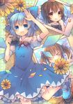  &gt;_&lt; blue_hair bow brown_eyes brown_hair camera cirno closed_eyes double_v flower hair_bow hat himekaidou_hatate ice ice_wings leg_lift mary_janes multiple_girls petals photo_(object) pjrmhm_coa shameimaru_aya shoes sunflower tokin_hat touhou v wings 