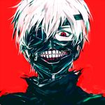  eyepatch horror_(theme) kaneki_ken male_focus meola portrait red_background red_eyes solo teeth tokyo_ghoul white_hair zipper 