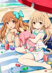  &gt;:) :3 barefoot beach bikini blush bow brand_name_imitation breasts brown_eyes brown_hair bunny can candy chin_rest cleavage coca-cola food full_body futaba_anzu hair_bow hair_ornament idolmaster idolmaster_cinderella_girls large_breasts long_hair low_twintails moroboshi_kirari multicolored multicolored_stripes multiple_girls omega.ep open_mouth orange_eyes red_eyes smile soda_can striped striped_bikini striped_swimsuit stuffed_animal stuffed_bunny stuffed_toy swimsuit towel twintails umbrella v v-shaped_eyebrows 