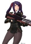  1girl black_gloves black_legwear blush bullpup cigarette commentary cosplay english_commentary finalcake girls_frontline gloves gun holding holding_gun holding_weapon julianne_stingray navel pantyhose purple_eyes purple_hair rifle simple_background sniper_rifle solo twintails va-11_hall-a wa2000_(girls_frontline) wa2000_(girls_frontline)_(cosplay) walther walther_wa_2000 weapon white_background 
