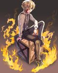  1boy bandage bandage_over_one_eye bangs blonde_hair blood bloody_clothes crate dio_(mad_father) eyes_visible_through_hair fire hc_(razel1) looking_at_viewer mad_father male male_focus one_eye_covered pants short_hair sitting solo suspenders white_skirt yellow_eyes 