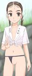  1girl blush braid brown_eyes brown_hair cleft_of_venus female fundoshi japanese_clothes long_hair navel original pussy shaved_pussy smile solo takafumi thighs translation_request twin_braids uncensored v yamakasa 