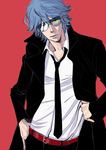  aviator_sunglasses bad_id bad_pixiv_id belt blue_hair hand_in_pocket kill_la_kill long_coat ma2 male_focus mikisugi_aikurou necktie red_background solo sunglasses 