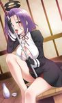  alcohol bare_legs black_gloves blush breasts choko_(cup) cleavage cup dress dutch_angle gloves highres kantai_collection large_breasts licking mechanical_halo open_mouth purple_hair red_eyes ren_san sake school_uniform short_dress short_hair sitting solo tatsuta_(kantai_collection) tokkuri tongue tongue_out 