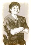  bad_id bad_pixiv_id commentary_request crossed_arms looking_at_viewer male_focus monochrome parhart peter_pan peter_pan_(character) real_life robin_williams smile solo upper_body 