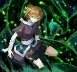  arm_warmers blonde_hair blush clenched_teeth din_(flypaper) glowing glowing_eyes green_eyes looking_at_viewer mizuhashi_parsee pointy_ears scarf short_hair solo teeth touhou 