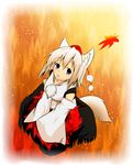  animal_ears autumn_leaves bare_shoulders blue_eyes detached_sleeves hat inubashiri_momiji kaisyuu leaf looking_at_viewer looking_up open_mouth pom_pom_(clothes) short_hair silver_hair sitting solo tail tokin_hat touhou wolf_ears wolf_tail 