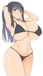  adjusting_hair arms_behind_head bangs bikini black_hair blue_eyes blunt_bangs breasts check_character cleavage covered_nipples cowboy_shot groin highres huge_breasts kloah long_hair looking_at_viewer midriff navel original ponytail sideboob simple_background skindentation solo swimsuit underboob white_background 