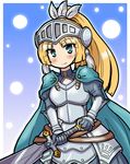  armor blonde_hair blush cape eruru_(erl) forte_(rune_factory) highres long_hair rune_factory rune_factory_4 smile solo sword tassel visor_(armor) weapon 