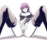  a4typhoon blush bondage_outfit breasts collar fingering garter_straps large_breasts long_hair masturbation masturbation_through_clothing open_mouth panties partially_colored purple_hair solo thighhighs underwear 