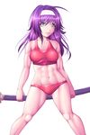  abs blue_eyes fire_emblem fire_emblem:_souen_no_kiseki hairband harihisa long_hair muscle purple_hair solo sports_bra swimsuit wayu_(fire_emblem) white_hairband 