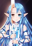  artist_name asuna_(sao) asuna_(sao-alo) bare_shoulders blue_eyes blue_hair blush brown_eyes brown_hair detached_sleeves dual_persona elf long_hair pointy_ears rapier reflection smile sword sword_art_online weapon 