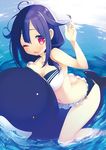 ;d ahoge arched_back bare_back bare_shoulders bikini breasts butt_crack hair_flaps hands inflatable_toy inflatable_whale kantai_collection large_breasts looking_at_viewer low_twintails namanie navel one_eye_closed open_mouth parted_lips purple_hair red_eyes sitting smile solo swimsuit taigei_(kantai_collection) tareme twintails water whale 