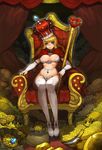 blonde_hair blue_eyes breasts bridal_gauntlets cape coin crown dagger full_body gem gold gold_bar groin gurimjang highres jewelry large_breasts long_hair looking_at_viewer original outline platform_footwear ring scepter shoes sitting smile solo thighhighs throne underwear underwear_only weapon white_legwear wide_hips 