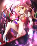  ascot bad_id bad_pixiv_id blonde_hair bow flandre_scarlet glowing grin hat hat_bow hizagawa_rau red_eyes sash side_ponytail smile solo sword teeth touhou weapon wings 