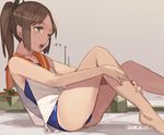  2014 barefoot brown_eyes brown_hair dated downscaled i-401_(kantai_collection) kantai_collection leaning_back leg_hug md5_mismatch open_mouth ponytail resized school_swimsuit school_uniform serafuku sidelocks sitting sketch solo swimsuit swimsuit_under_clothes toro_(konirio) 