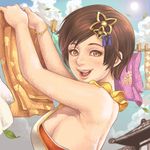  apron bad_id bad_pixiv_id breasts brown_eyes brown_hair clothesline hair_ornament hairclip laundry lips maou_alba medium_breasts nene_(sengoku_musou) nose sengoku_musou sengoku_musou_2 short_hair sideboob smile solo 