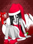  absurdres armpits bag bangs bare_shoulders black_eyes black_hair blood constricted_pupils corpse_party gift grey_skin hat highres long_hair looking_at_viewer red_ribbon ribbon santa_costume santa_hat shan_grila shinozaki_sachiko shiny shiny_skin sidelocks sitting smile solo wristband 