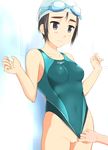  1girl black_eyes black_hair blush cleft_of_venus competition_swimsuit goggles goggles_on_head one-piece_swimsuit original pussy shaved_pussy short_hair standing swim_cap swimsuit swimsuit_aside takafumi uncensored 