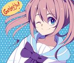  ;) blue_eyes bow bowtie close-up closed_mouth face hibiki_(store) hood kitagawa_hibiki looking_at_viewer one_eye_closed purple_bow purple_neckwear romaji school_uniform smile solo speech_bubble talking twintails upper_body 