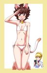  animal_ears bell bell_collar bikini blonde_hair blush brown_eyes brown_hair cat_ears cat_tail cellphone collar curly_hair flat_chest full_body goriate highres marnie_(meitantei_marnie) meitantei_marnie multiple_girls navel phone salute side-tie_bikini sweat swimsuit tail wakashimazu_yurika wavy_hair 