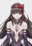  akemi_homura akuma_homura bad_id bad_pixiv_id bare_shoulders black_gloves black_hair black_wings bow choker dress elbow_gloves feathered_wings gaihan_umeboshi_mitchell gloves grey_background hair_bow highres long_hair looking_at_viewer mahou_shoujo_madoka_magica mahou_shoujo_madoka_magica_movie purple_eyes simple_background smile solo spoilers wings 