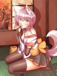  absurdres animal_ears bare_shoulders black_legwear blush breasts chocolate chus collarbone detached_sleeves hat highres inubashiri_momiji looking_at_viewer medium_breasts red_eyes short_hair silver_hair sitting smile solo tail tokin_hat tongue tongue_out touhou wariza wolf_ears wolf_tail 