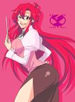  ;) ahoge alternate_hairstyle bespectacled breasts glasses hair_down hisui_(paingumi) large_breasts long_hair long_skirt necktie one_eye_closed pointer red_hair ribbed_sweater side_slit skirt smile solo sweater teacher tengen_toppa_gurren_lagann very_long_hair yellow_eyes yoko_littner yomako 