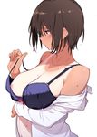 bra breast_hold breasts brown_hair large_breasts navel nipples off_shoulder open_clothes open_shirt original shinjiro shirt short_hair simple_background solo sweat tan tanline underwear white_background 