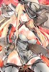  armor bad_id bad_pixiv_id bariko bismarck_(kantai_collection) black_gloves black_panties blonde_hair blue_eyes blush breasts breasts_outside cannon cleavage detached_sleeves gloves grey_legwear hat highres kantai_collection large_breasts long_hair mecha_musume nipples panties panty_pull parted_lips peaked_cap pussy_juice pussy_juice_trail sweat thighhighs turret underwear 