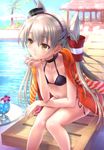 amatsukaze_(kantai_collection) bikini black_bikini breasts brown_eyes chin_rest choker collarbone glass goto_p hair_ornament hairband hat jacket_on_shoulders kantai_collection leaning_forward long_hair looking_away mini_hat mini_top_hat navel parted_lips poolside side-tie_bikini silver_hair sitting small_breasts solo swimsuit top_hat two_side_up very_long_hair 