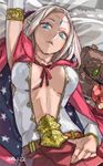  aqua_eyes breasts dated elf looking_at_viewer lying medium_breasts original pointy_ears short_hair silver_hair solo toro_(konirio) 