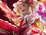  adapted_costume alternate_costume ascot blonde_hair crystal fangs flandre_scarlet geppewi hat hat_ribbon laevatein looking_at_viewer mob_cap open_mouth outstretched_arm ponytail puffy_sleeves red_eyes ribbon shirt short_hair short_sleeves side_ponytail skirt skirt_set smile solo touhou vest wings 