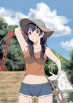  absurdres bandages black_hair brown_eyes denim denim_shorts food fruit hanamonogatari hat highres ishigoromo kanbaru_suruga long_hair monogatari_(series) short_hair shorts smile solo twintails watermelon 