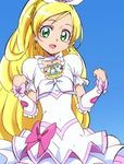  blonde_hair blue_background bow brooch choker cure_rhythm green_eyes jewelry long_hair looking_at_viewer magical_girl manji_(tenketsu) minamino_kanade open_mouth ponytail precure simple_background solo suite_precure very_long_hair white_choker 