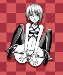  a4typhoon bdsm bondage bound breasts checkered checkered_background collar harness looking_at_viewer monochrome navel open_mouth short_hair small_breasts solo spreader_bar thighhighs 