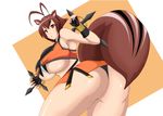  1girl animal_ears antenna_hair ass blazblue breasts brown_eyes brown_hair female fingerless_gloves gloves huge_ass huge_breasts jinraiken looking_back makoto_nanaya shiny shiny_skin short_hair squirrel_ears squirrel_tail tail thick_thighs thighs underboob 