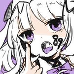  bow facepaint fangs fingernails hair_ornament haku_(p&amp;d) highres long_hair middle_finger number open_mouth pikomarie purple_background purple_bow purple_eyes puzzle_&amp;_dragons simple_background solo tongue tongue_out tsurime upper_body white_hair 
