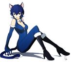  1girl animal_ears blue_hair boots breasts cat_ears cat_tail catsuit cleavage dh_(brink_of_memories) elbow_gloves gloves high_heel_boots high_heels medium_breasts persona persona_4 redraw shirogane_naoto short_hair solo tail 