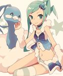  altaria arm_warmers asymmetrical_hair bad_id bad_pixiv_id blush choker crop_top crop_top_overhang earrings fur_collar furukawa_wanosuke gen_3_pokemon green_eyes green_hair hair_ornament idol jewelry long_hair looking_at_viewer lucia_(pokemon) midriff navel pokemon pokemon_(creature) pokemon_(game) pokemon_oras ponytail short_shorts shorts shorts_under_skirt showgirl_skirt sidelocks single_thighhigh sitting smile star striped striped_legwear thighhighs yokozuwari 