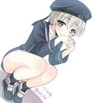  blue_eyes blush clothes_writing dress hands_clasped hat kantai_collection looking_at_viewer own_hands_together sailor_dress sailor_hat saki_chisuzu short_hair silver_hair solo squatting twitter_username z1_leberecht_maass_(kantai_collection) 