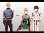  2boys audrey_burne banagher_links blonde_hair brown_hair cape gundam gundam_unicorn mineva_lao_zabi multiple_boys oka_(a.m.) orange_hair pantyhose pilot_suit riddhe_marcenas 