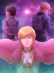  2boys audrey_burne banagher_links cabbage666 cape gloves green_eyes gundam gundam_unicorn mineva_lao_zabi multiple_boys orange_hair pilot_suit praying riddhe_marcenas space 